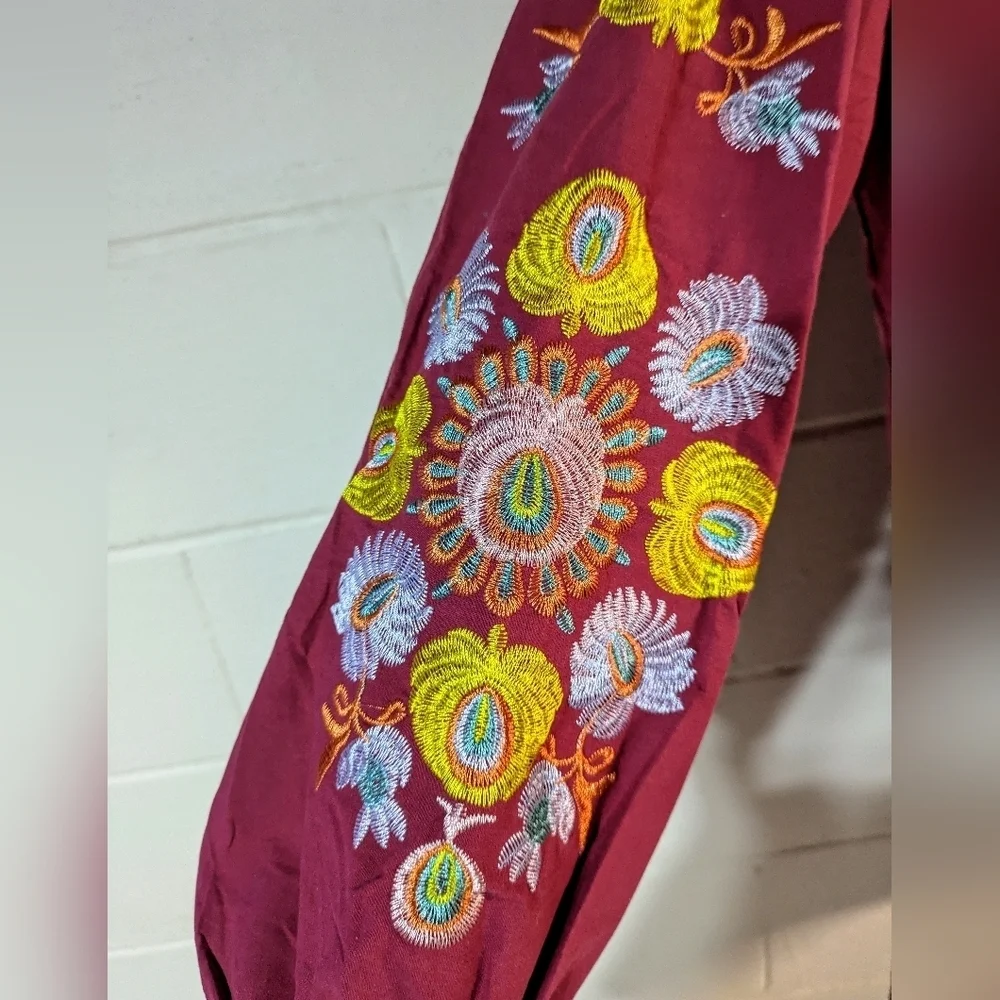 Boho Embroidered Burgundy Peasant Mini Dress Floral Sleeve Festival‎ Cottagecore - Picture 4 of 11